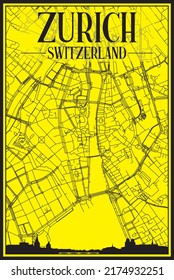 Golden printout city poster with panoramic skyline and hand-drawn streets network on yellow and black background of the downtown ZURICH, SWITZERLAND