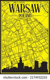 Golden printout city poster with panoramic skyline and hand-drawn streets network on yellow and black background of the downtown WARSAW, POLAND