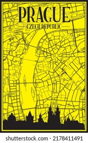 Golden printout city poster with panoramic skyline and hand-drawn streets network on yellow and black background of the downtown PRAGUE, CZECHIA