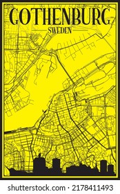 Golden printout city poster with panoramic skyline and hand-drawn streets network on yellow and black background of the downtown GOTEBORG (GOTHENBURG), SWEDEN
