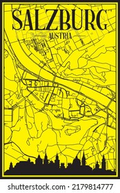 Golden printout city poster with panoramic skyline and hand-drawn streets network on yellow and black background of the downtown SALZBURG, AUSTRIA