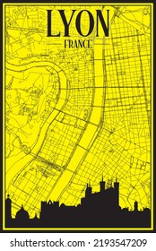 Golden printout city poster with panoramic skyline and hand-drawn streets network on yellow and black background of the downtown LYON, FRANCE