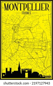 Golden printout city poster with panoramic skyline and hand-drawn streets network on yellow and black background of the downtown MONTPELLIER, FRANCE