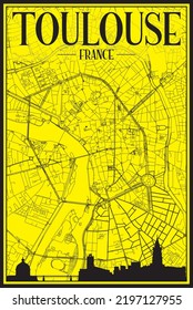 Golden printout city poster with panoramic skyline and hand-drawn streets network on yellow and black background of the downtown TOULOUSE, FRANCE