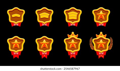 Golden progress rank badges set. Gold level achievements. Realistic metallic style. Star, patent, crown, red ribbon, laurel. Perfect for fantasy and adventure games.