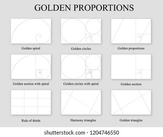 Golden proportions set . Golden section ration , rule of thirds and Fibonacci spiral 