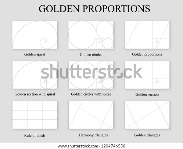 Golden proportions set . Golden section\
ration , rule of thirds and Fibonacci spiral\
