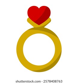 Golden proposal engagement or wedding ring with a heart-shaped red gemstone. Romantic symbol for love, marriage, relationship and Valentine's Day. Editable vector flat illustration.