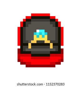 Golden proposal ring with blue diamond in a red box, pixel art icon isolated on white background. Wedding gift. Birthday present. Valentine's day surprise. Retro video game/slot machine graphics. 