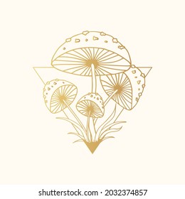 Golden Psychedelic mushroom. Gold Floral fungi, fungus.