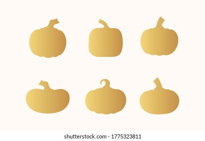 Golden pumpkin silhouettes set for Halloween party decoration. October holiday gold cartoon squash clipart.