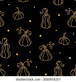 Golden pumpkins pattern. pumpkins glitter pattern seamless. Gold seamless pattern with pumpkins for Halloween. Gold pumpkins on black background. Design for greeting card,invitation of fall holidays	
