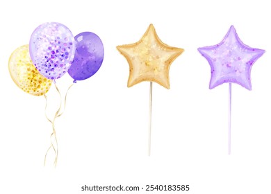 Globos dorados y morados. Hermoso globo en forma de estrella de acuarela de Vector