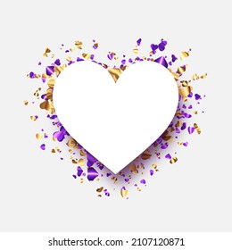Golden and purple foil hearts confetti heart shape frame with space for text. Wedding, birthday, Valentine's Day. Vector holiday illustration.