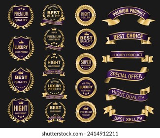 Golden purple luxury premium quality label badges on grey background vector illustration.	