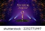 Golden Purple Stage Award Background. Shimmer Lights for Wedding, Marriage, Engagement Ceremony with Trophy. Black Podium Empty Stage Background. Luxury Graphics. Traditional Indian Background.