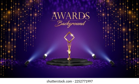 Golden Purple Stage Award Background. Shimmer Lights for Wedding, Marriage, Engagement Ceremony with Trophy. Black Podium Empty Stage Background. Luxury Graphics. Traditional Indian Background.
