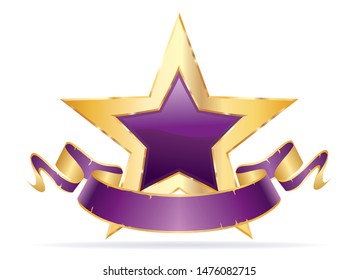 golden purple star with blank grunge purple banner, commercial success icon