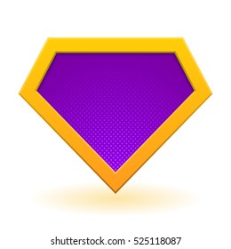 Golden and purple superhero logo template. Halftone dots, shadows. Vector, isolated, eps 10.