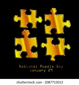 Golden puzzle icon on black background, National puzzle day january 29