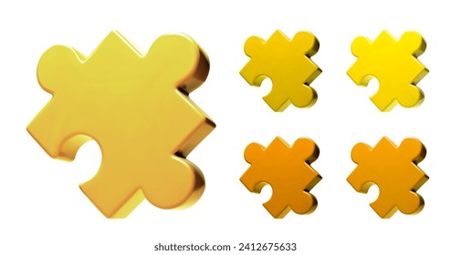 Golden puzzle parts or Jigsaw pieces set. 12k and 18k yellow gold parts. Matching isometric objects as community or business strategy elements to connect together