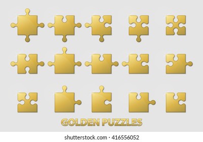 Golden Puzzle Pieces. Set of puzzles. Elegant elements
