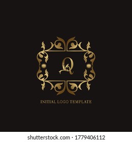 Golden Q Initial logo. Frame emblem ampersand deco ornament monogram luxury logo template for wedding or more luxuries identity