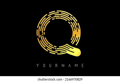 Golden Q letter logo concept. Creative Minimal Monochrome Monogram emblem design template with lines and finger print pattern. 