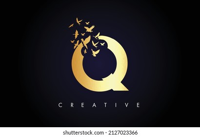 Golden Q Logo Letter with Flying Flock of Birds Disintegrating from the Letter. Q Gold Texture Letter with Bird Fly Letter Icon.