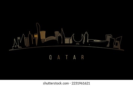 Golden Qatar Skyline Silhouette. Katar-Architektur. Goldenes Stadtbild mit Wahrzeichen. Geschäftsreisekonzept.