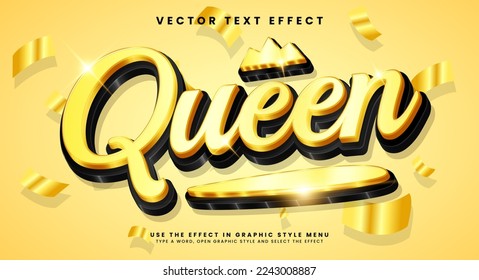 Golden queen 3d editable vector text effect with luxury concept.