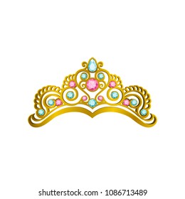 Golden queen crown with precious pink and blue stones. Vector icon of shiny princess tiara in realistic style. Expensive head accessory