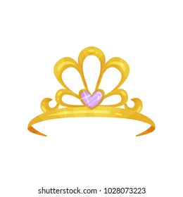 Golden queen crown with precious purple stone in shape of heart. Shiny princess tiara. Expensive jewelry. Woman s head accessory. Colorful flat vector design