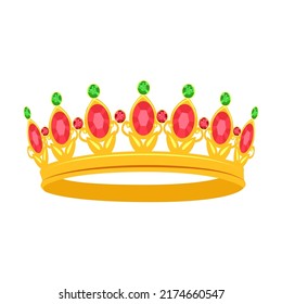 Golden queen crown vector illustration. Accessory for royals, king, queen, prince or princess isolated on white background. Fantasy, monarchy, jewelry