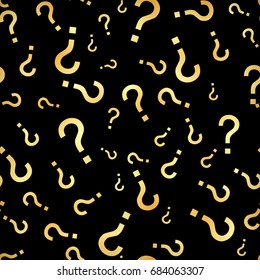 Golden Question mark seamless pattern . Vector seamless pattern with gold question marks. Monochrome hipster background. Hand drawn random black punctuation marks.