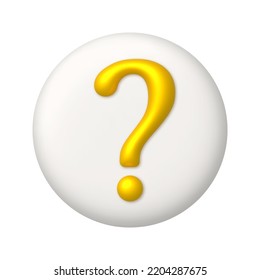 Símbolo de signo de interrogación dorado sobre botón blanco. Icono de signo de pregunta. 3d elemento de diseño realista. Ilustración vectorial.