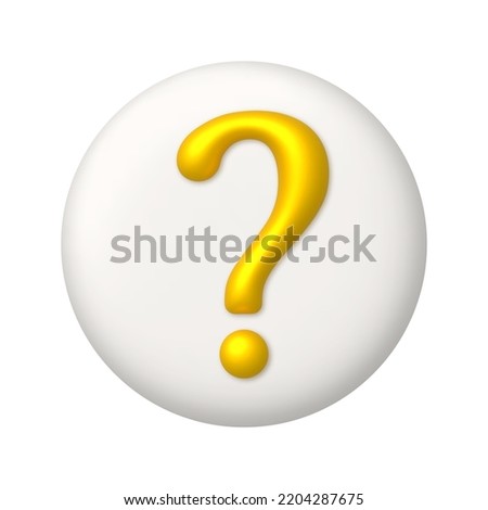 Golden question mark symbol on white button. Question sign icon. 3d realistic design element. Vector illustration.