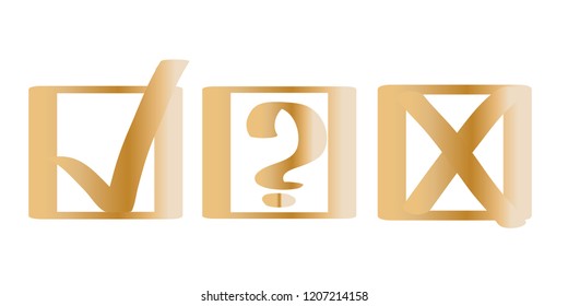 Golden question, X and tick check marks, approval signs design. X and OK symbol icons in square check boxes. Check list marks, choice options, test, quiz or survey signs. Artistic choice marks set