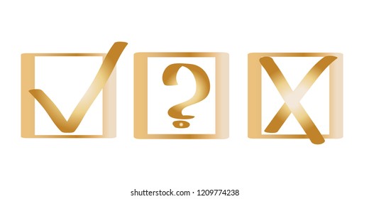 Golden question, X and tick check marks, approval signs design. X and OK symbol icons in square check boxes. Check list marks, choice options, test, quiz or survey signs. Artistic choice marks set