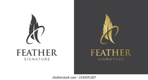 Golden Quill Signature Logo Design. Simple Feather Ink Logo Template For Notary, Signature, Nature Icon Symbol