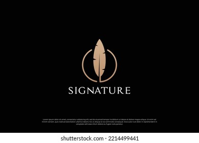 Golden Quill Signature Logo Design. Feather Pen Logo Template.