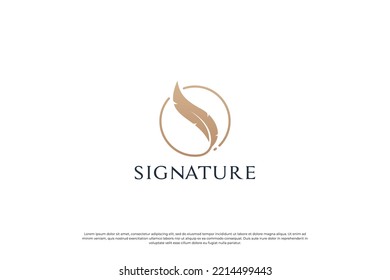 Golden Quill Signature Logo Design. Feather Pen Logo Template.