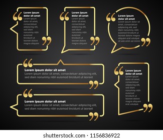 Golden Quote blank templates. Quote bubble. Empty template. Circle business card template, paper sheet, information, text. Print design. Quote form. Template vector set on black background