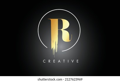 Golden R Brush Stroke Letter Logo Design. Black Paint Logo Leters Icon with Elegant Circle Vector Design.