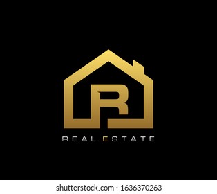 Golden R House Logo Design, Real Estate Icon.