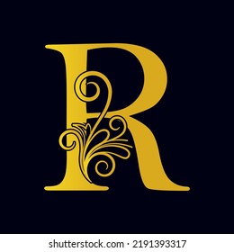 Golden R letter. Alphabet golden logo, vintage emblem vector illustration