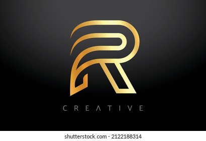 Golden R Letter Concept With Lines Monogram and Creative Metalic Look Vector. R Letter Made of Gold or Golden Lines on a Black Background Illustration.