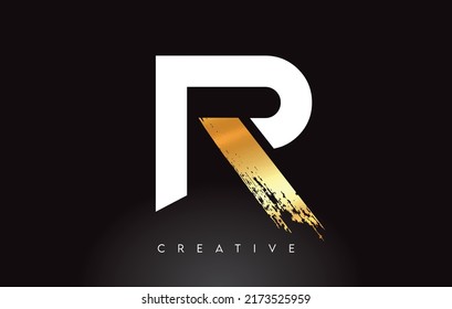 Golden R Letter Logo with Brush Stroke Artistic Look on Black Background Vector Illustration.