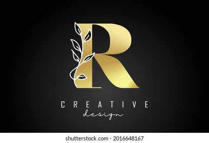 Golden R letter logo design with white leaves branch vector illustration. Creative and elegant icon with letter R.