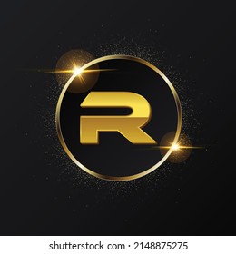 Golden R letter logo, Rounded Letter R logo design, Patch, Monogram, Initial letters logo, Sign and symbols, Gold colored metal chrome uppercase R alphabet,  Golden R letter  vector illustration